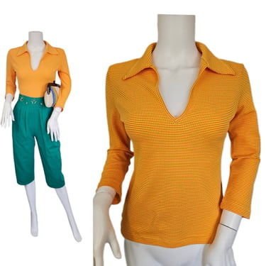 Vtg Anna Sui 1990's Orange Yellow Stretch Pull Over Top I Shirt Blouse I Sz Med I Sz 42 I Made in Italy 