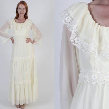 Prairiecore Bell Sleeve Boho Wedding Dress, Vintage 70s Monochrome Peasant Gown, Cottage Unicolor Lace Maxi Dress 