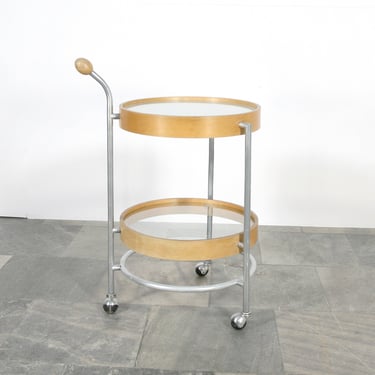 Vintage Memphis Style Two-tier Glass Plywood Circular Side Table End Mini Bar Minibar On Wheels Round Coffee Postmodern Space Age Retro Loft 