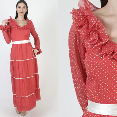 Swiss Dot Prairie Dress, 70s Long Country Skirt, Vintage Saloon Style Gown 