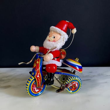 Vintage Tin Litho Santa Claus on a Scooter, Wind-Up, Tin Toy, Christmas Ornament, Works Great - Taiwan, Rolls and Rings, Fixed Key, Chenille 