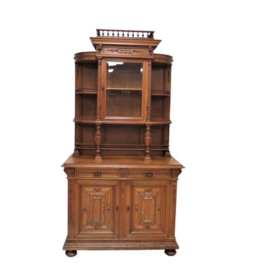 Tall Storage Cabinet | Antique French Breton Tiger Oak Beveled Glass Buffet Circa 1880 