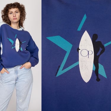 Large 80s Ocean Pacific Surf Sweatshirt | Vintage OP Blue Surfer Graphic Crewneck Pocket Pullover 