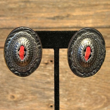 Vintage Southwestern Earrings Leather Engraved Silver Tone Metal Red Black Retro Concho 