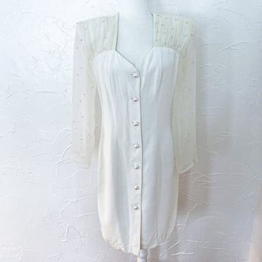 80s White Button Down Dress with Pearls and Sheer Sleeves | Medium 