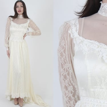 70s Victorian Wedding Dress, Elegant Ivory Floral Embroidered Lace, Long Tiered Bridal Train Maxi Gown 