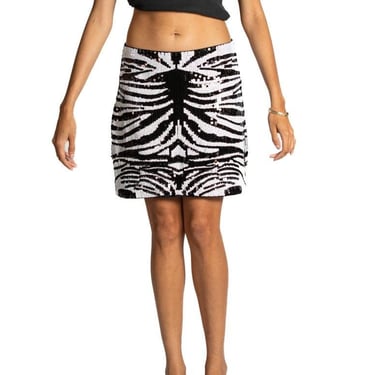 1990S Black & White Poly Blend Zebra Sequin Mini Skirt 