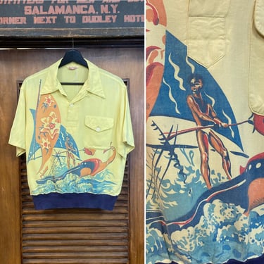 Vintage 1940’s Rare Cartoon Hawaiian Native Rayon Pullover Gaucho Rockabilly Shirt, 40’s Vintage Clothing 