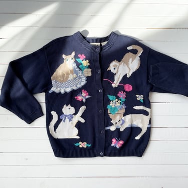 embroidered cat sweater 80s 90s vintage navy blue kitten novelty cardigan 