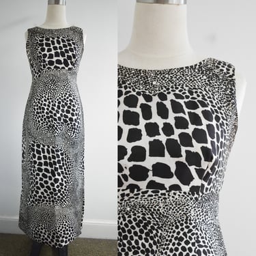 1960s Black and White Optic Print Maxi Dress with Rhinestones 