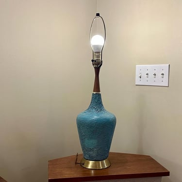 Aqua Ceramic Midcentury Walnut Brass Modern Lamp Vintage - Free Shipping 