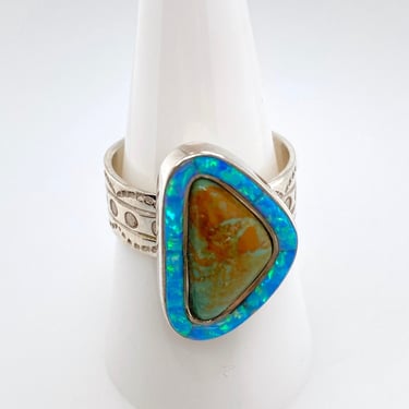 David R Freeland Jr Artisan Turquoise Lab Opal Inlay Sterling Silver Ring Sz 9.5 