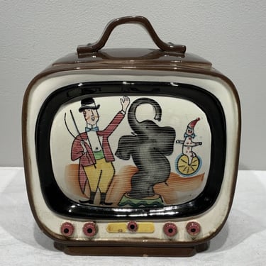 Vintage 1950’s TV Set Cookie Jar Circus Ringmaster Elephant Clown, cute kitchen decor, collectible cookie jars kitchen shelf decor 