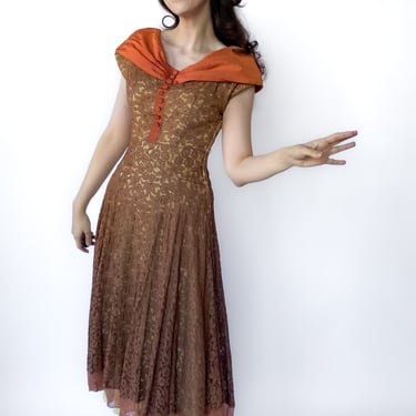 1950s Brown Lace & Orange Dress, sz. S