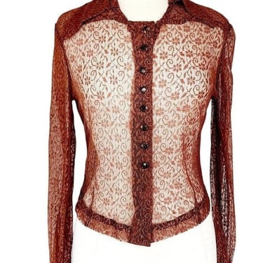 Vintage 70s Brown Lace Sheer Shirt 