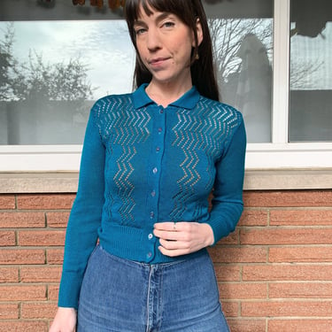 70s teal Arpeja cropped button up sweater 