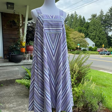 70’s vintage striped sundress Cotton tent dress full A-line cut with purple chevron pinstripes triangle shape size SMALL 