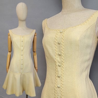 1960s Mini Dress / Dress by Lanz / 1960s Cream Wool Mini Dress / 1960s Mod Dress / Size Small Medium 