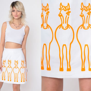60s Vested Gentress Skirt Horse Print Mod Mini Skirt Retro Boho High Waisted Novelty Skirt White Orange 70s Hippie Vintage 1960s Small 