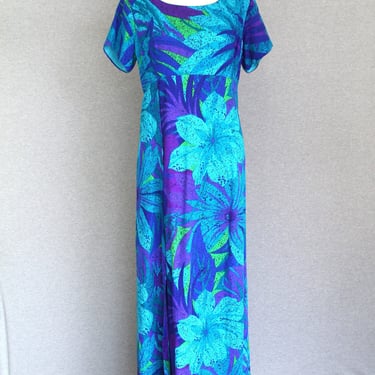 1970s - Tiki - Maxi - Tropical Floral - Patio Dress - Luau Dress - Mid Century Mod - Estimated size L - by Sun Fashions of Hawaii 