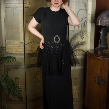 1940s Dress - Dramatic 1940s Black Rayon Evening Gown with Star Shaped Studs on a Net Peplum 