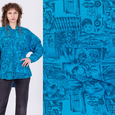 80s All-Over People Print Button Up Shirt - Large | Vintage Blue Collared Long Sleeve Top 