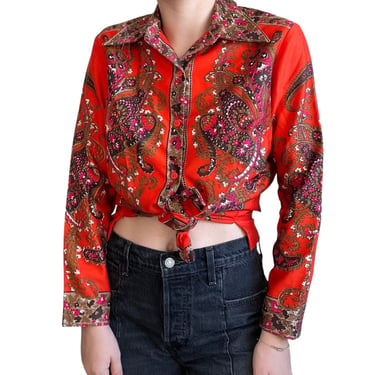 Vintage 1970s Womens Retro Orange Red Paisley Floral Pointed Collar Button Down 