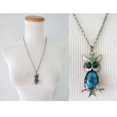 Vintage Owl Necklace - 70s Pendant Chain Necklace - Faux Turquoise and Rhinestones 