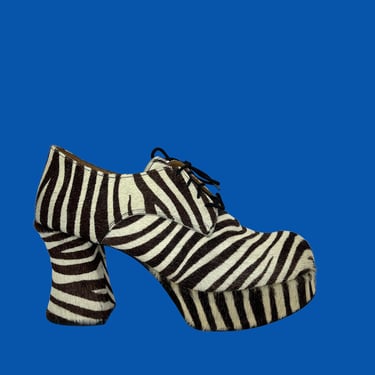 UNDERGROUND Vintage 90s Shoes | 1990s Zebra Animal Print Platform Heels | Made in England, Glam Rock, Punk Goth, Club kid, Funk | Size 7 