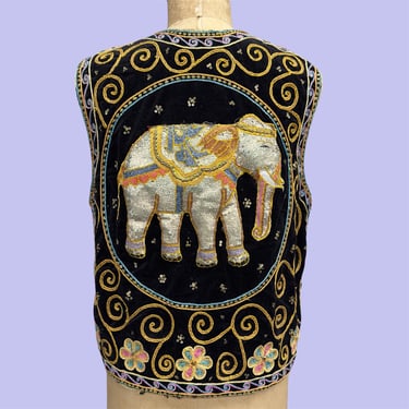 Vintage Embroidered Vest Retro 1970s Bohemian + Elephants + Velvet + Beaded + Embellished Sequins + No Size Tag + Unisex Apparel 