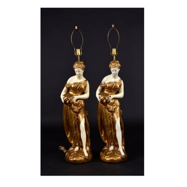 Large Pair of Florence Art 1968 Hollywood Regency Gold Ancient Greek Roman Women Lamps 