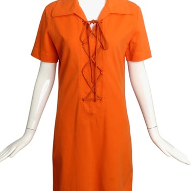 YVES SAINT LAURENT- 1990s Orange Cotton Safari Dress, Size 6