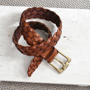 vintage braided leather belt with brass buckle, 90s Eddie Bauer, made in USA 