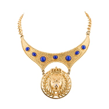 Pauline Rader 1960s Vintage Lion's Head Cabochon Gold-Tone Collar Necklace 