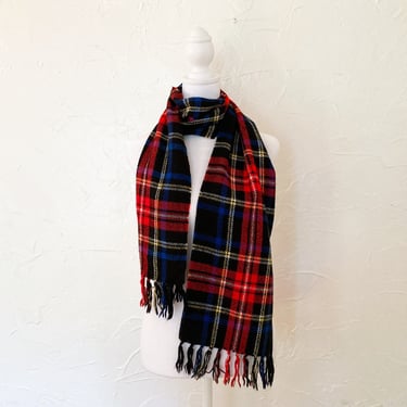 80s Primary Colors and Black Plaid Fringed Fall Winter Scarf 