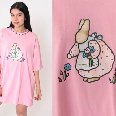 Bunny T-Shirt 90s Pink Floral Shirt Kawaii Cute Animal Graphic Tee Mini TShirt Dress Single Stitch Vintage 1990s Jerzees Small Medium Large 