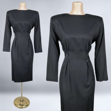 VINTAGE 80s Curvy Black Power Dress by Hearts Sz 6 | 1980s Bombshell Wiggle Long Sleeve Office Dress | Bold Shoulders | VFG 