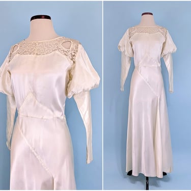 Vintage 1930s Ivory Silk Long Sleeve Wedding Gown, Vintage 30s Old Hollywood Glamour Bias Cut Slinky Wedding Dress 