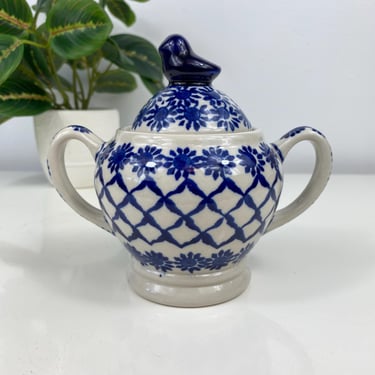 Boleslawiec Peacock Polish Pottery Covered Sugar Bowl Bird Finial Handled, Blue and White Polish Pottery Sugar Dish, Blue Bird Handle 