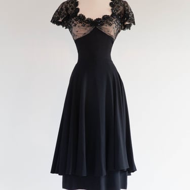 Gorgeous 1940's Illusion Lace Rayon Cocktail Dress By Jack Herzog / Medium