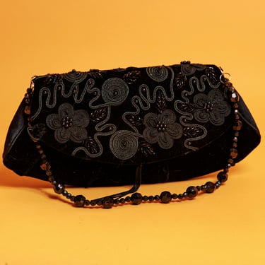 90s Black Velvet Beaded Strap Purse Vintage Bead Shoulder Strap Adorned Clutch 