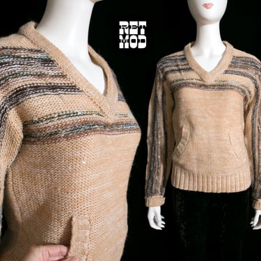 Cool Boho Vintage 70s 80s Beige Brown Space Dye Vibes Chunky Sweater with Pouch Style Pockets 