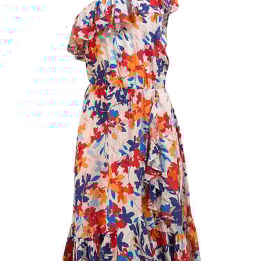Parker - White, Red, Orange, & Blue Floral One Shoulder Dress Sz S