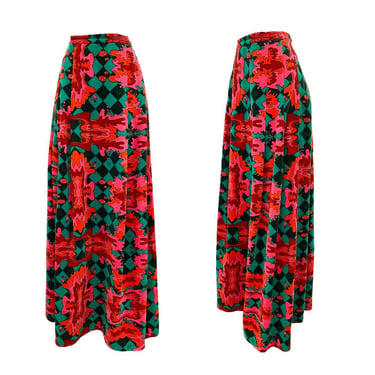 Vtg 60s Saks Fifth Avenue Psychedelic Drip Print Red Green Velvet Maxi Skirt 