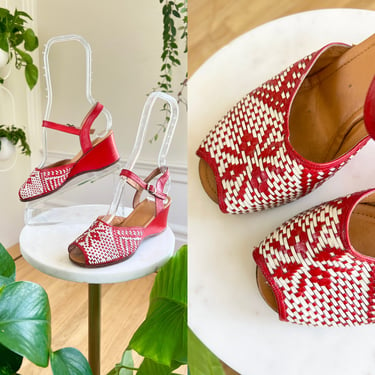 Vintage 1940s 1950s Sandals | 40s 50s Woven Leather Red White Wedge Peep Toe Ankle Strap Summer Heels (size US 5) 