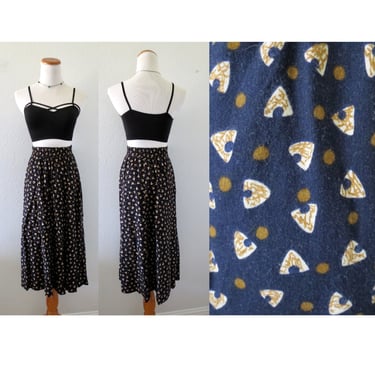 Vintage 80s Midi Skirt - Abstract Print - High Waisted Stretchy Elastic Waist - Size Medium 