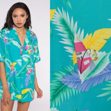 Tropical Shirt Windsurfer Shirt 80s Palm Tree Top Windsurfing Print Button Up Short Sleeve Surf Vintage Beach Turquoise Extra Large xl 