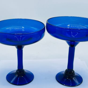 Pretty set (2) Handmade Blown Mexican Margarita Glass Cobalt Blue 