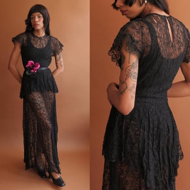 Vintage 30s/40s Black Lace Gown/ 1930s Sheer Floor Length Dress/ Size Medium 