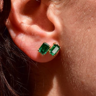 14K Emerald Studs Earrings, Classic 4-Prong Emerald-Cut Created Emerald Studs, Estate Jewelry, 7mm 